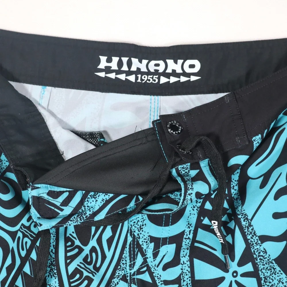 Hinano Tahiti Board Shorts Mens 32 Turquoise Black Tribal Print Stretch Surfing